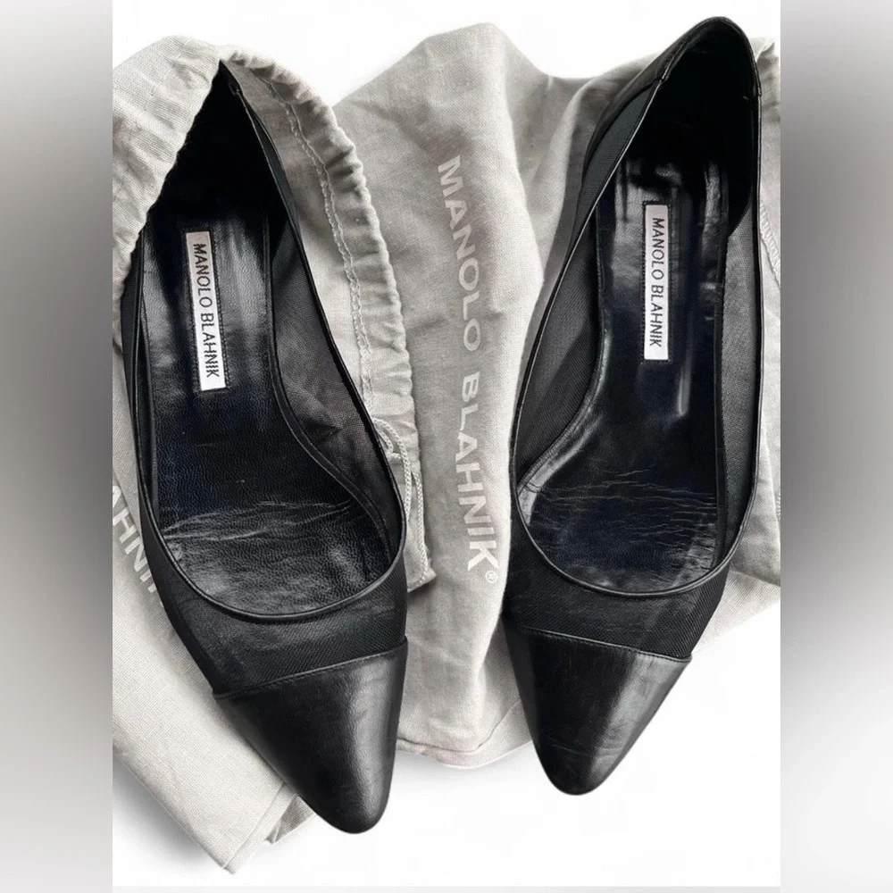 Manolo Blahnik Black Leather and Mesh Flats - Picture 3 of 10